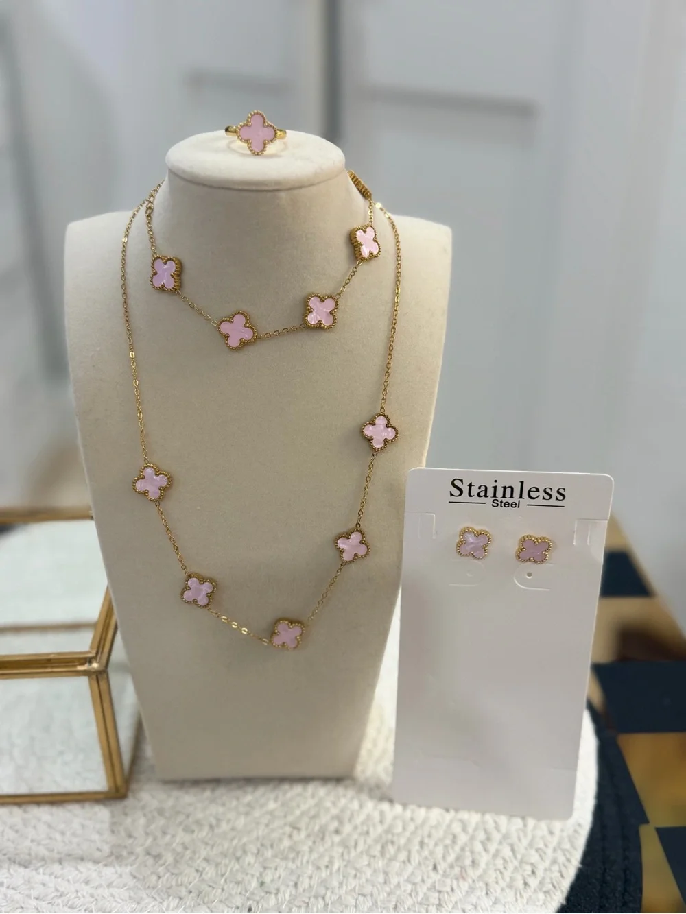 Pink Clover 4-Piece Stainless Steel Jewelry Set – Necklace Bracelet Ring Earring